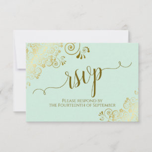 Mint Green & Gold Lace Elegant Calligraphy Wedding RSVP Kaartje