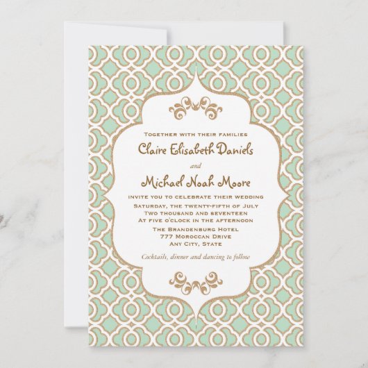 Mint Green Gold Moroccan Wedding Invitations Kaart (Voorkant)