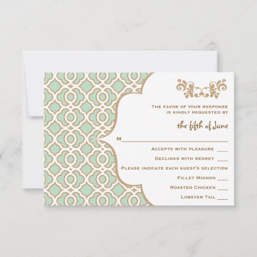 Mint Green Gold Moroccan Wedding Response-kaarten RSVP Kaartje (Voorkant)