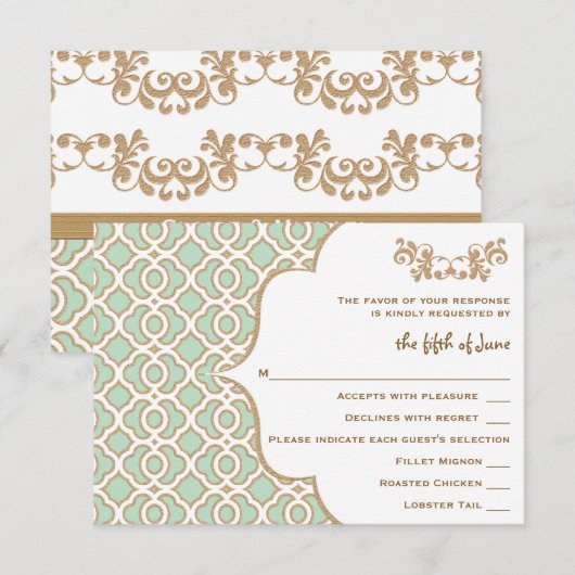 Mint Green Gold Moroccan Wedding Response-kaarten RSVP Kaartje (Voorkant / Achterkant)