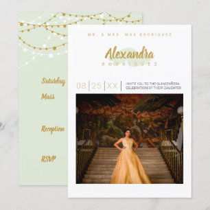 Mint Green & Gold Photo Quinceanera Kaart