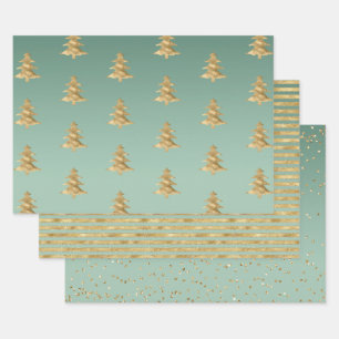 Mint Green Gold Stripes kerstbomen Confetti Inpakpapier Vel