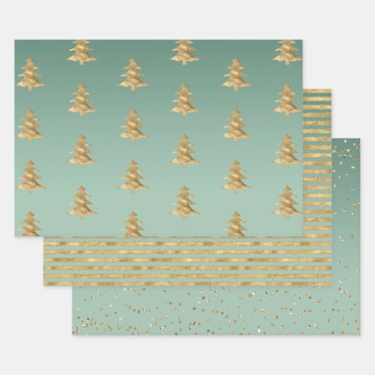 Mint Green Gold Stripes kerstbomen Confetti Inpakpapier Vel (Set)