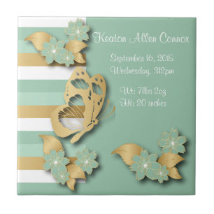 Mint Green & Gold Stripes met Butterfly voor Baby Tegeltje