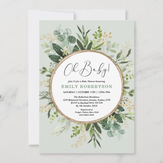 Mint Green Gold Waterverf Greenery Baby shower Kaart (Voorkant)