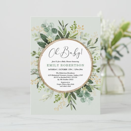 Mint Green Gold Waterverf Greenery Baby shower Kaart (Staand voorkant)