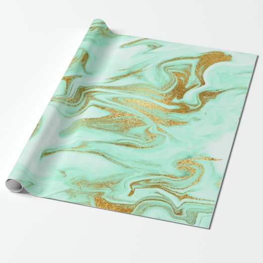 Mint Green Gold White Marble Shiny Glam Cadeaupapier (Uitgerold)