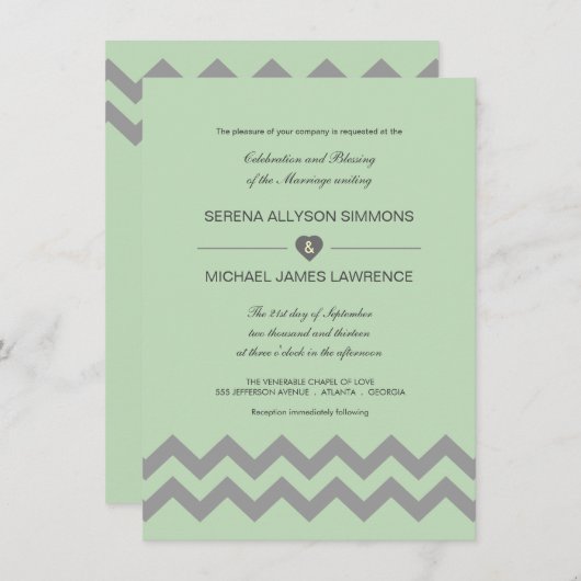 Mint Green & Gray Chevron Wedding Invitations Kaart (Voorkant / Achterkant)