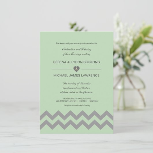 Mint Green & Gray Chevron Wedding Invitations Kaart (Staand voorkant)