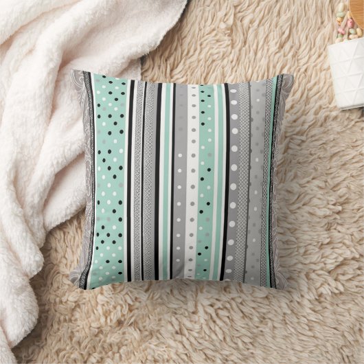 Mint Green Grey and White Striped Polka dot  Kussen (Deken)