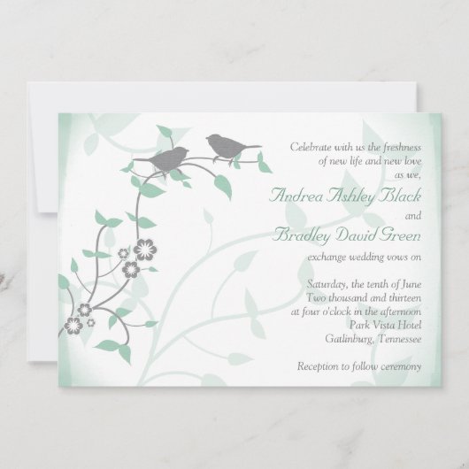 Mint Green Grey Birds Wedding Invitation Kaart (Voorkant)