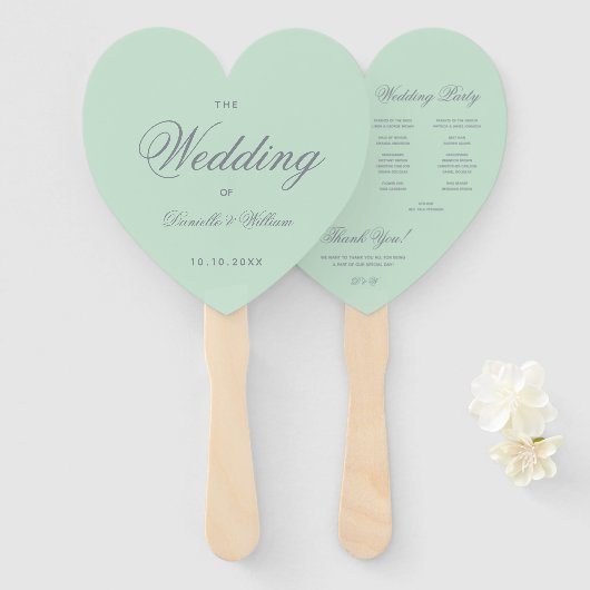 Mint Green Grey Calligraphy Heart Wedding Programm Handwaaier (Voorkant en achterkant)