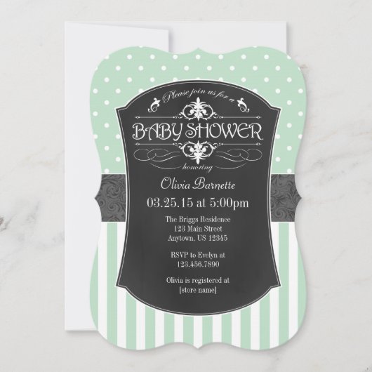 Mint Green Grey Chalkboard Stripes Baby shower Kaart (Voorkant)