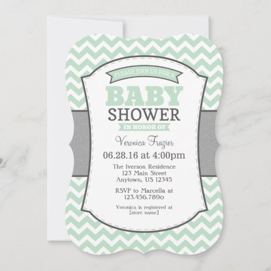 Mint Green Grey Chevron Baby shower Uitnodiging (Voorkant)