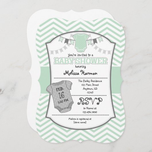 Mint Green Grey Chevron Baby shower Uitnodiging (Voorkant / Achterkant)