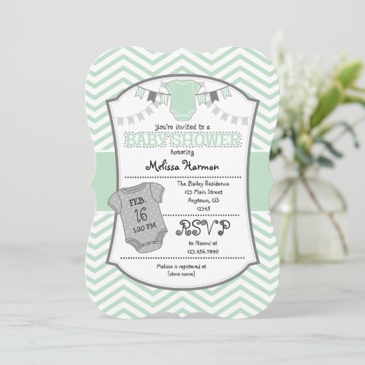 Mint Green Grey Chevron Baby shower Uitnodiging (Staand voorkant)