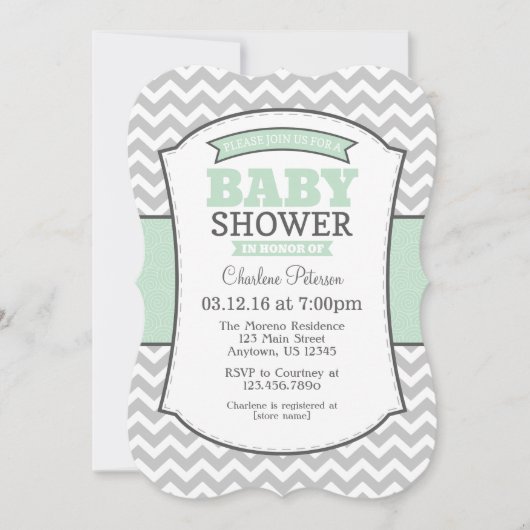 Mint Green Grey Chevron Baby shower Uitnodiging (Voorkant)