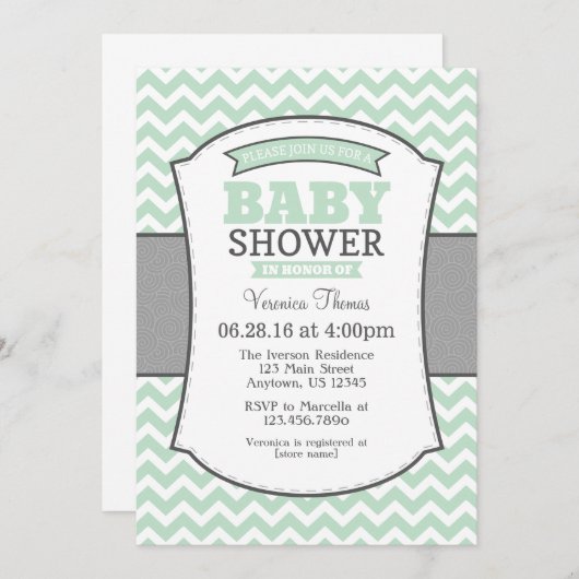 Mint Green Grey Chevron Baby shower Uitnodiging (Voorkant / Achterkant)
