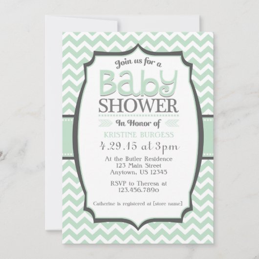 Mint Green Grey Chevron Baby shower Uitnodiging (Voorkant)