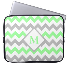 Mint Green Grey Chevron Pattern Monogram Laptop Sleeve