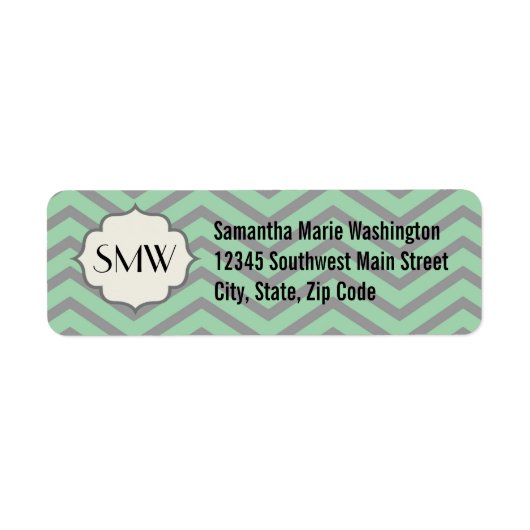 Mint Green Grey Chevron Patterned Monogrammed Etiket (Voorkant)