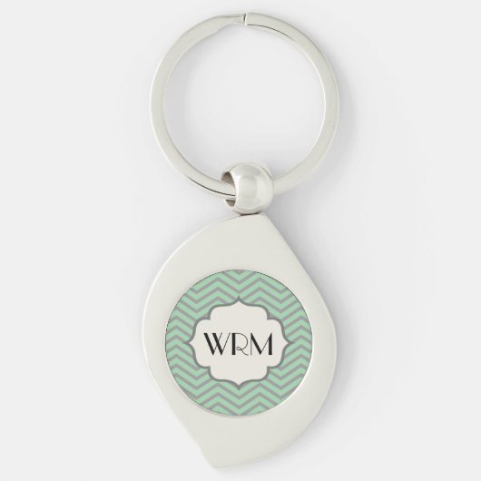 Mint Green Grey Chevron Patterned Monogrammed Sleutelhanger (Voorkant)