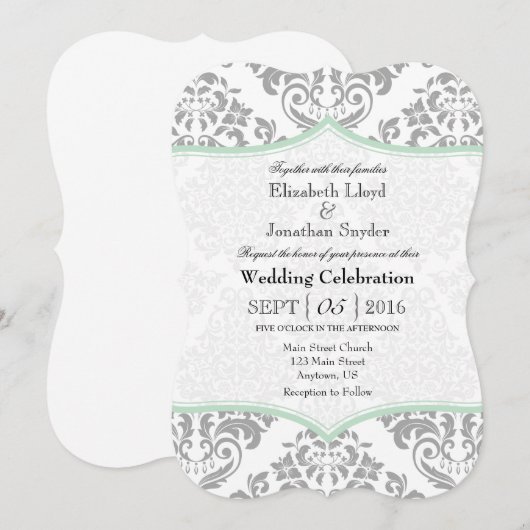 Mint Green Grey Damask Bracket Wedding Invite Kaart (Voorkant / Achterkant)