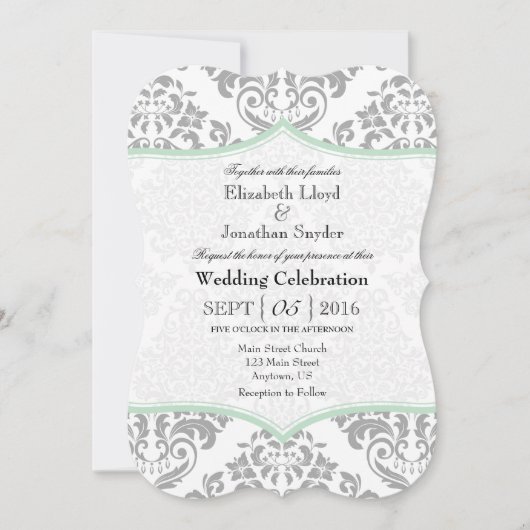 Mint Green Grey Damask Bracket Wedding Invite Kaart (Voorkant)