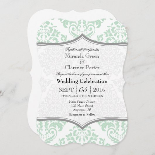 Mint Green Grey Damask Bracket Wedding Invite Kaart (Voorkant / Achterkant)