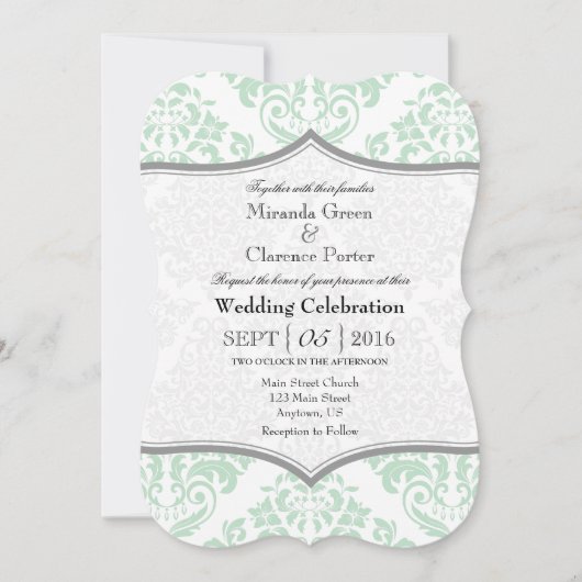 Mint Green Grey Damask Bracket Wedding Invite Kaart (Voorkant)