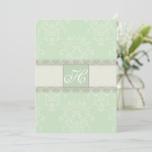 Mint Green Grey Damask Wedding Invitation Kaart (Staand voorkant)
