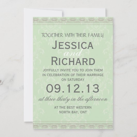 Mint Green Grey  Damask Wedding Invitation Kaart (Achterkant)