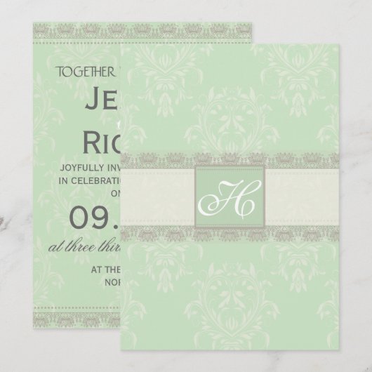 Mint Green Grey  Damask Wedding Invitation Kaart (Voorkant / Achterkant)