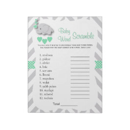 Mint Green & Grey Elephant Baby shower Word Game Notitieblok