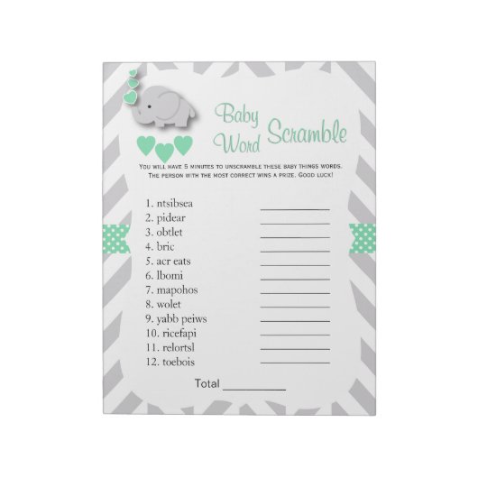 Mint Green & Grey Elephant Baby shower Word Game Notitieblok (Linkerzijde)