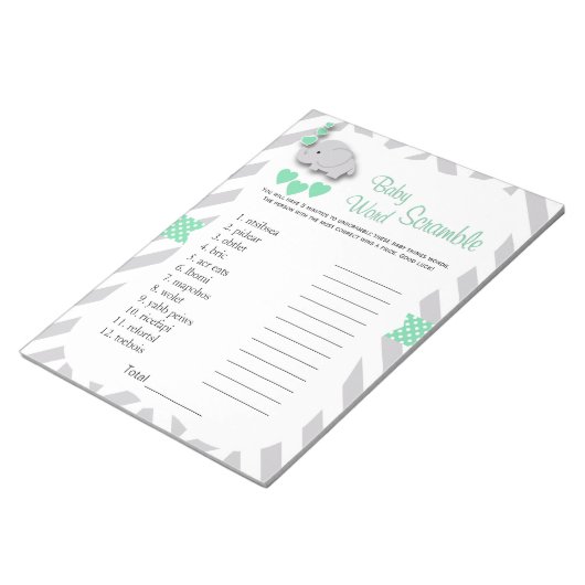 Mint Green & Grey Elephant Baby shower Word Game Notitieblok (Schuin)