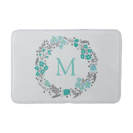 Mint Green Grey Floral Monogram WreatPattern Badmat