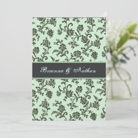 Mint Green & Grey Flower Damask Wedding Invitation Kaart (Staand voorkant)