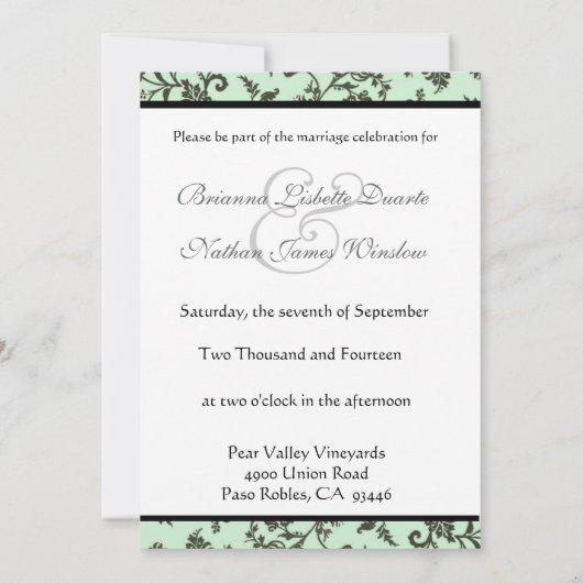 Mint Green & Grey Flower Damask Wedding Invitation Kaart (Achterkant)