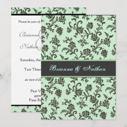 Mint Green & Grey Flower Damask Wedding Invitation Kaart (Voorkant / Achterkant)