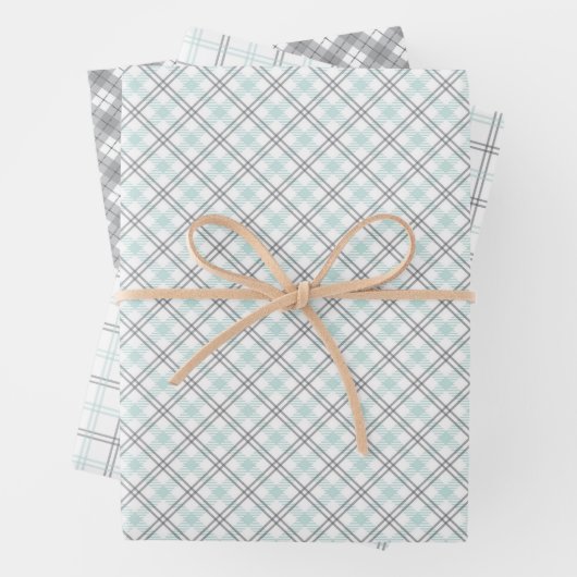 Mint Green & Grey Gingham Wrapping Paper Sheets (In situ)
