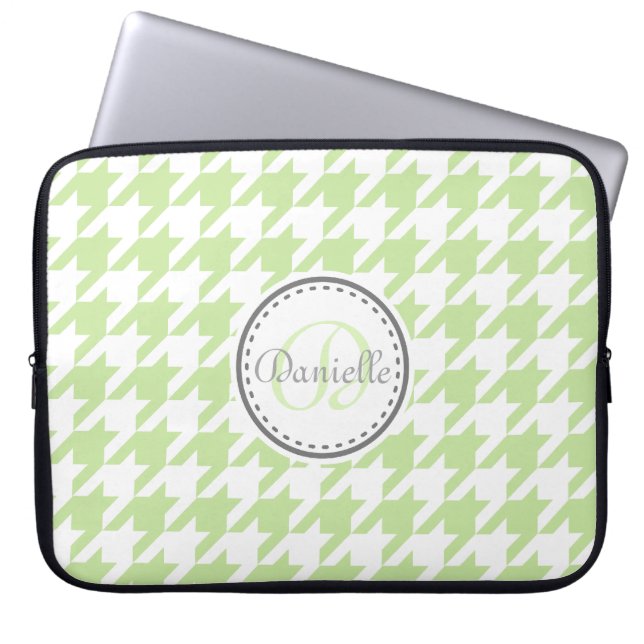 Mint Green Grey Houndstooth Monogram Patroon Laptop Sleeve (Voorkant)