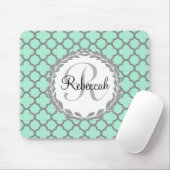 Mint Green Grey Quatrefoil Name Monogram Muismat (Met muis)
