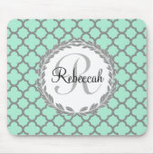 Mint Green Grey Quatrefoil Name Monogram Muismat (Voorkant)