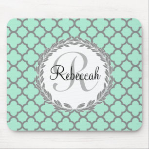 Mint Green Grey Quatrefoil Name Monogram Muismat
