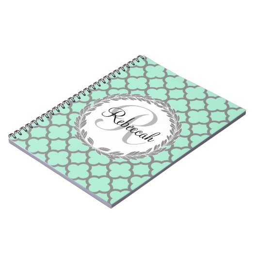 Mint Green Grey Quatrefoil Name Monogram Notitieboek (Linkerzijde)