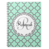 Mint Green Grey Quatrefoil Name Monogram Notitieboek (Voorkant)