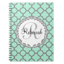 Mint Green Grey Quatrefoil Name Monogram Notitieboek