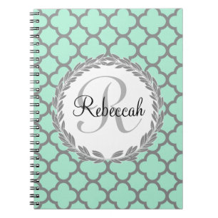 Mint Green Grey Quatrefoil Name Monogram Notitieboek