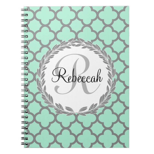 Mint Green Grey Quatrefoil Name Monogram Notitieboek (Voorkant)